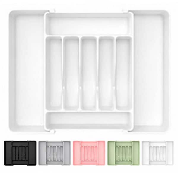 White BPA-Free Plastic Expandable Silverware Organizer Flatware Tray with 7 Compartments