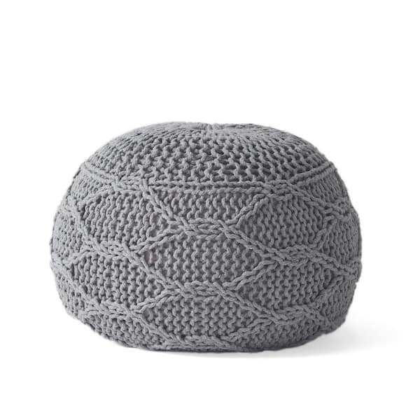 Noble House Maysville Gray Cotton Knitted Round Pouf