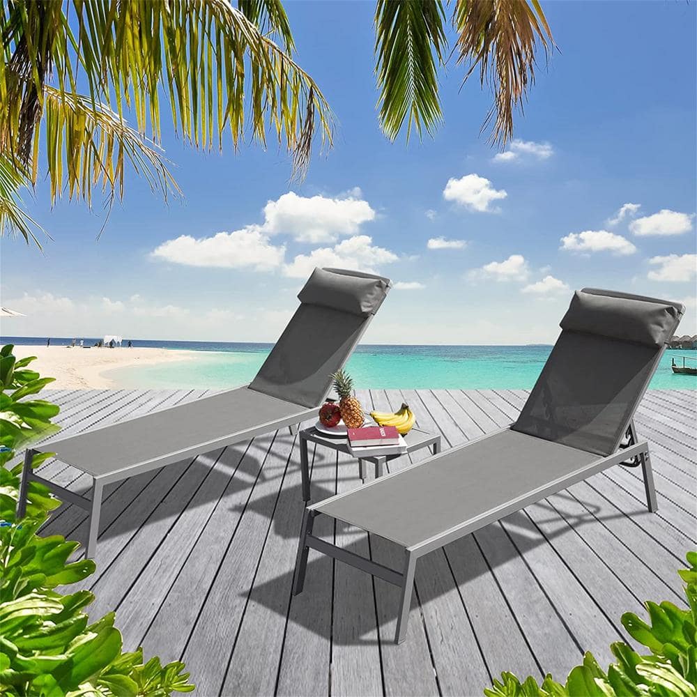 Adjustable Back Grey Frame 3-Piece Metal Outdoor Chaise Lounge with Removable Pillow and Table in Grey