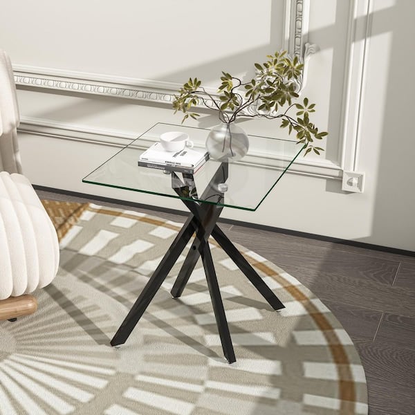 1 Piece 17.72 in. Square Clear Tempered Glass End Table with Black Metal Legs, Modern Living Room Side Table