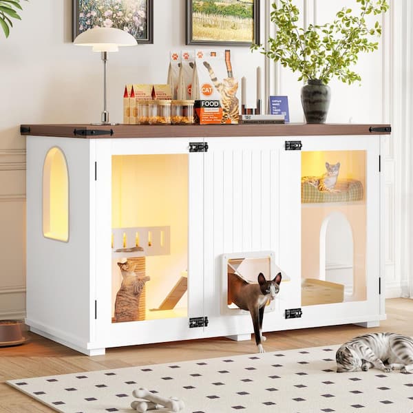White 27.7 in. H Storage Cabinet Cat Litter Box House Furniture with LED Light, Smart Doors, Stairs, Cat Scratching Post