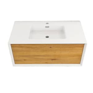 36 in. W x 19 in. D x 16 in. H Bathroom Vanity Cabinet in White and Oak with White Solid Surface Top