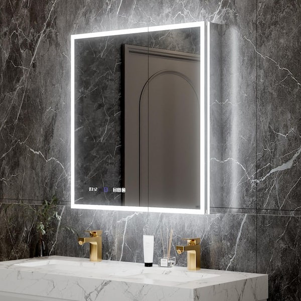 Lumineux 30 in. W x 32 in. H Rectangular Aluminum LED Surface/Recessed Medicine Cabinet with Mirror,Three Lighting Modes