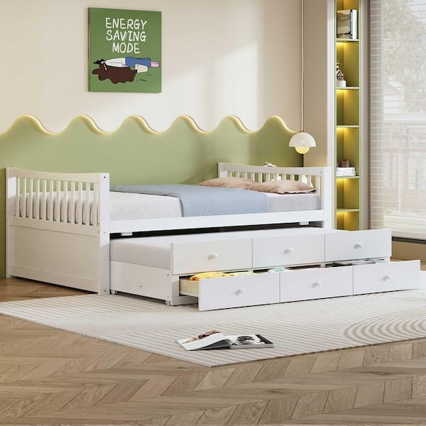 White Wood Frame Full Size Daybed with Twin Size Trundle and Drawers