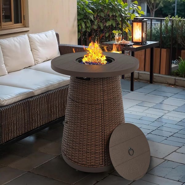 INNUMIA 31.5 in. Brown Wicker Propane Fire Pit Table, 40,000 BTU Outdoor Firepit with Lid, Round Bar Height