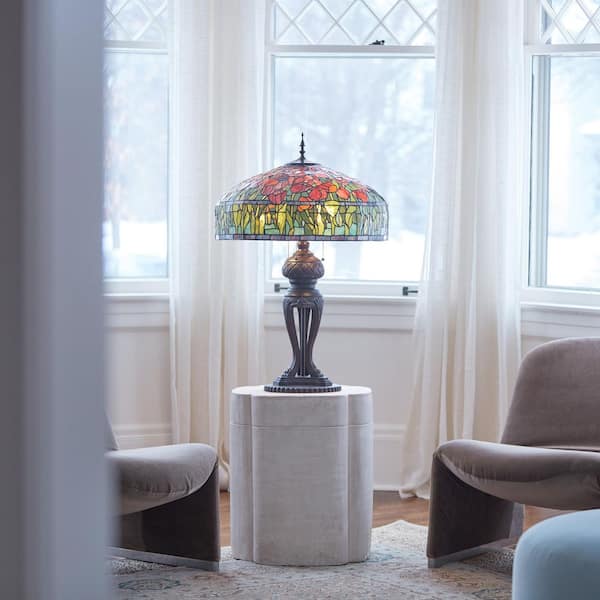 Esme 33.25 in. Antique Bronze and Multi-Color Tiffany-Style Tulip Stained Glass Table Lamp
