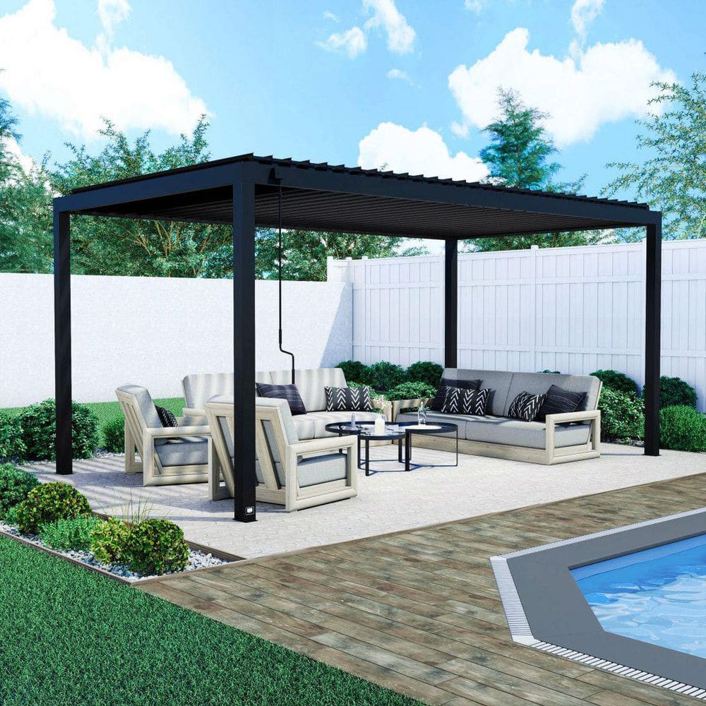 Sarasota 18 ft. x 10 ft. Black Galvanized Steel Outdoor Louvered Pergola Kit with Adjustable Steel Roof and PowerPort price history on PriceWatchPro