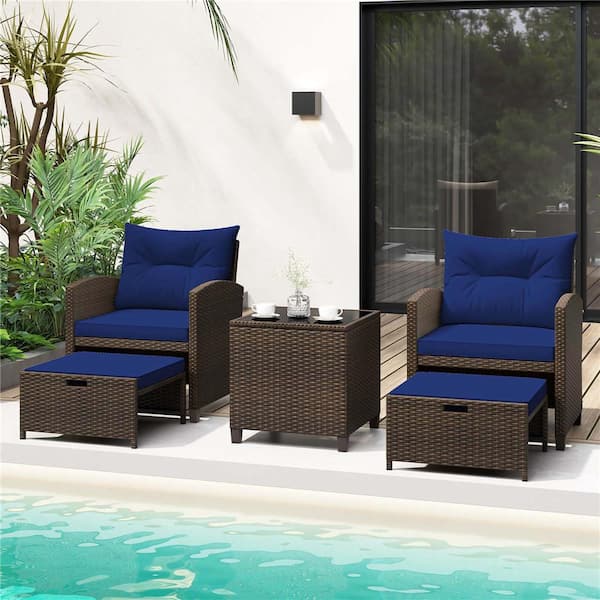 Brown 5-Piece Metal Patio Conversation Set with CushionGuard Navy
