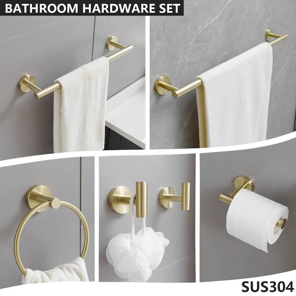 Bathroom Hardware Set 6-Pieces Bath Hardware Set with Towel Bar, Towel Ring, Robe Hook, Toilet Paper Holder in Gold