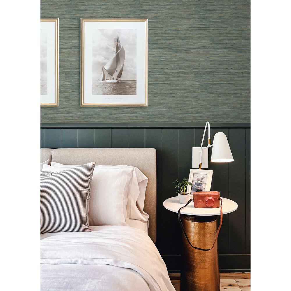 Teal and Gold Embossed Grasscloth Peel and Stick Wallpaper Roll