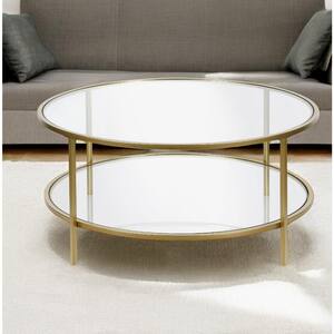 36 in. Gold Round Glass Coffee Table with Shelves Storage