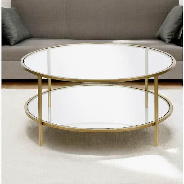 HomeRoots 36 in. Gold Round Glass Coffee Table with Shelves Storage