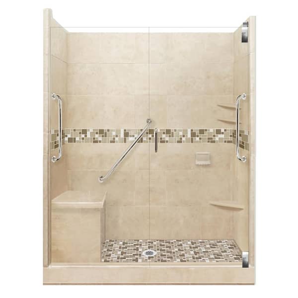 American Bath Factory Tuscany Freedom Grand Hinged 32 in. x 60 in. x 80 in. Center Drain Alcove Shower Kit in Brown Sugar and Satin Nickel