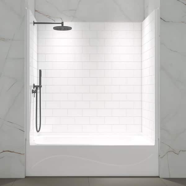 32.25 in. x 60 in. x 63.75 in. 4-Piece Easy Glue Up Alcove Tub Surrounds with Staggered Brick Pattern in White