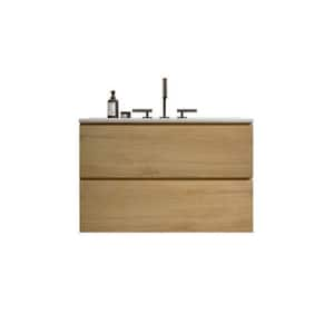 TIA 30.00 in. W x 18.30 in. D x 21.10 in. H Wall Mounting Bath Vanity in Oak with White Solid Surface Top