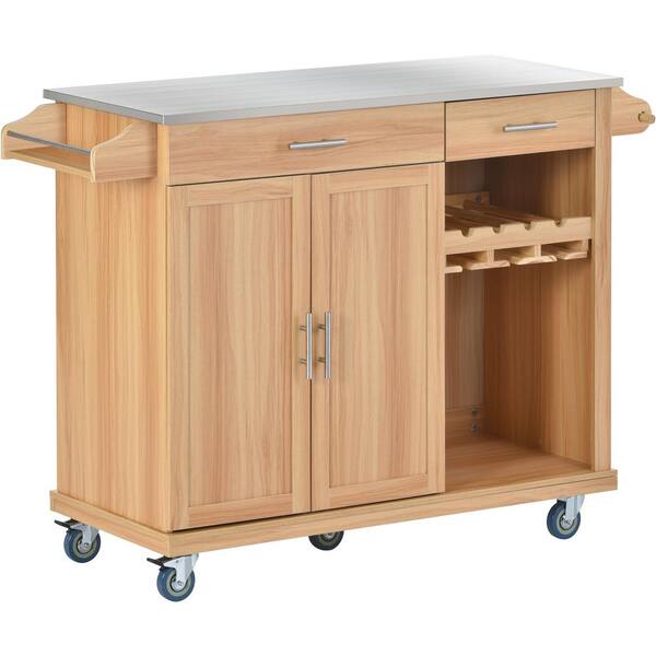 Unbranded Stainless Steel Top Brown 51 in. W x 18 in. D x 36.6 in. H Kitchen Island on 5 Wheels with Goblet Holder and Wine Rack