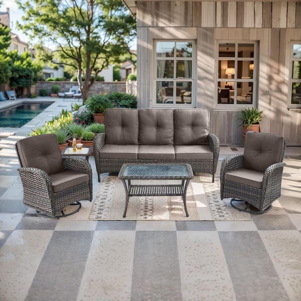 Rotavia Brown 5-Piece Wicker Patio Conversation Set with Swivel Rockers, Outdoor Sofa Seating Set with Gray Cushions
