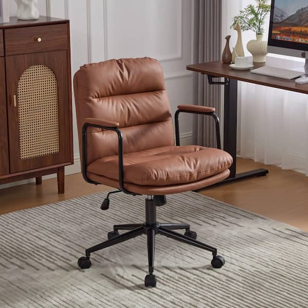 Leather Adjustable Height Swivel Office Chair in Brown, Reclining 40°, Wheels and Upholstered Arms