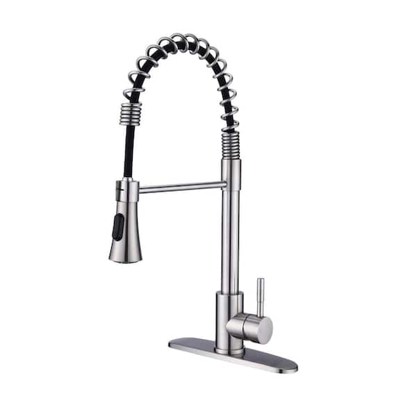 Tahanbath Single Handle Deck Mount Gooseneck Pull Down Sprayer Kitchen Faucet with Deckplate Included in Brushed Nickel