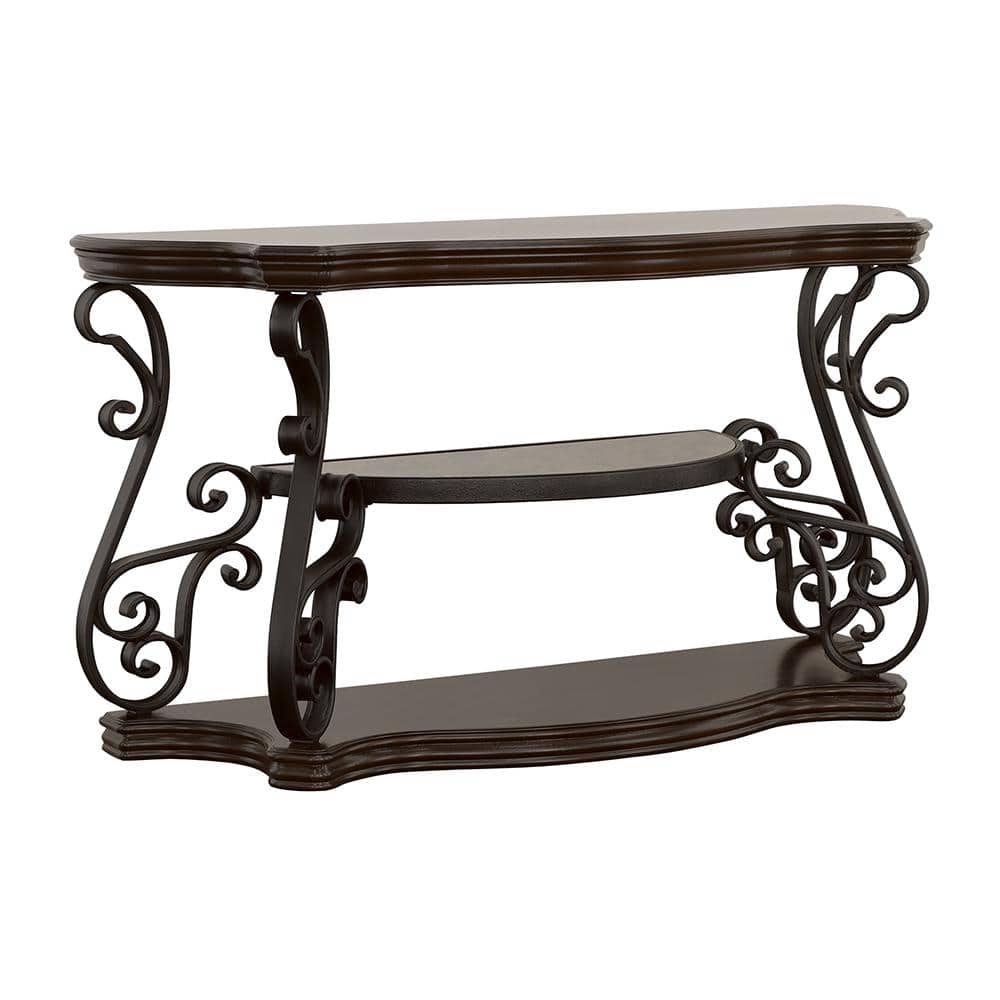 Transitional Black Demilune Sofa Table with Glass Top and Ornate Metal Scrollwork