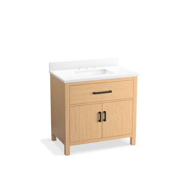 KOHLER Kresla 36 in. W x 22 in. D x 36 in. H Single Sink Bath Vanity in Light Oak with Pure White Quartz Top and Backsplash