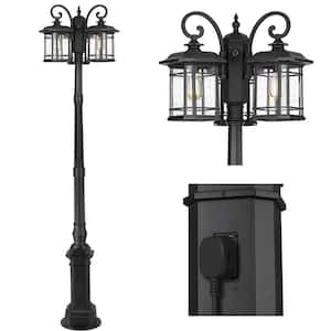 3-Light Street Pole GFCI Outlet Black Aluminum Weather Resistant Hardwired Outdoor Post Light Set with No Bulbs Included