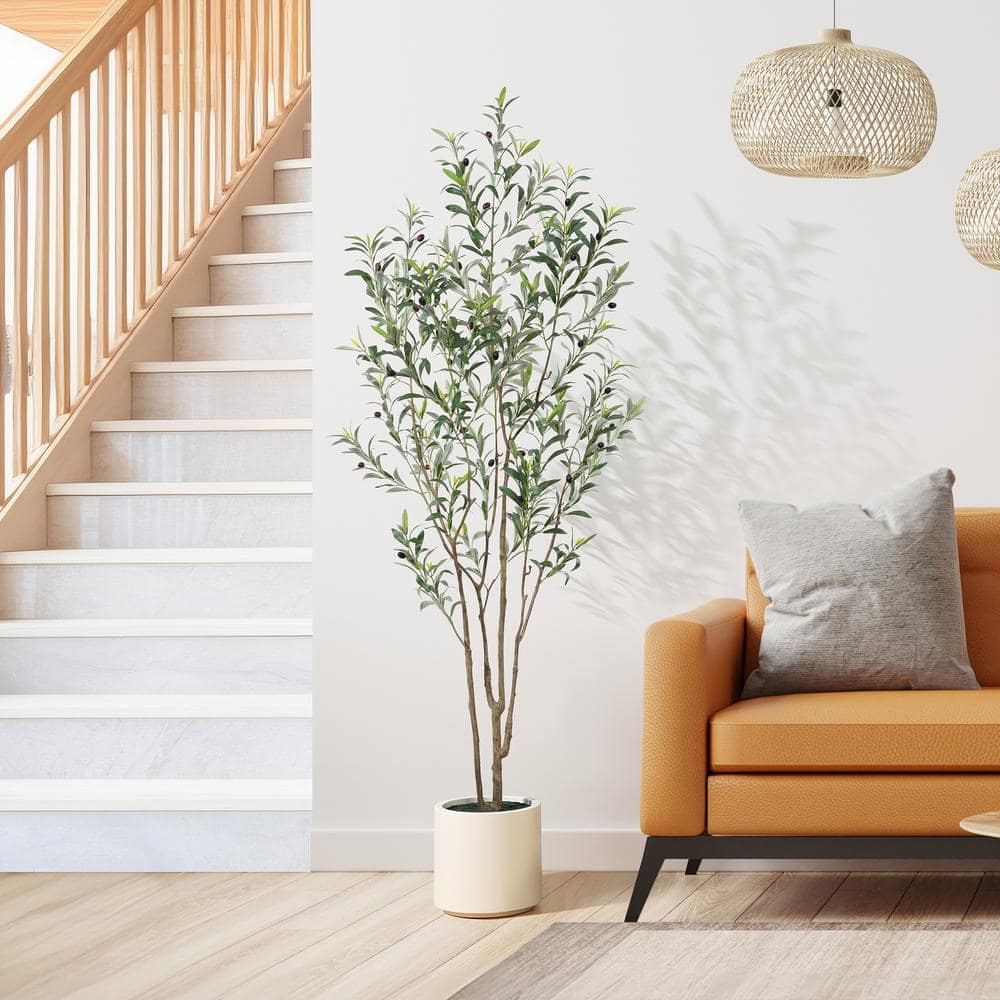DR.Planzen 7 ft. Artificial Olive Tree with White Planter, Large Faux Olive Silk Tree for Indoor Home Decor and Housewarming Gift BPGLS2.1m-1