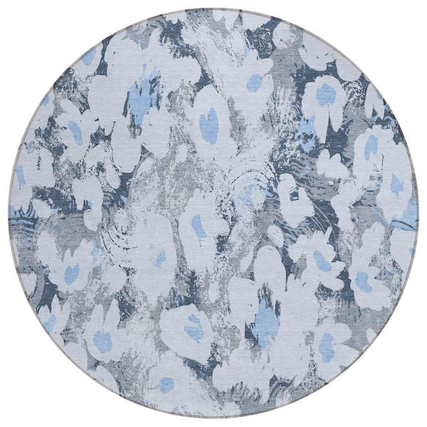 8' Round Blue And Ivory Round Floral Stain Resistant Indoor Outdoor Area Rug 8' Round Blue And Ivory Round Floral Stain Resistant Indoor Outdoor Area Rug