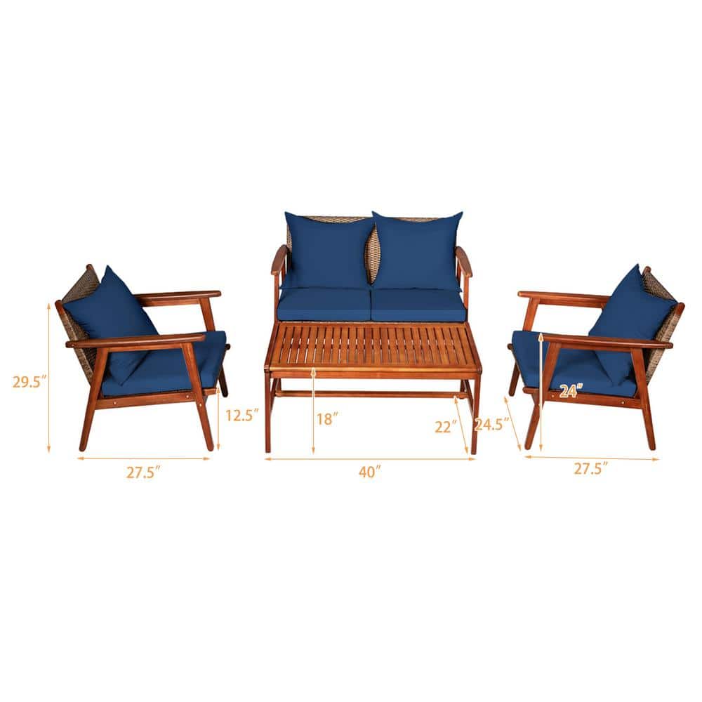 Navy Acacia Wood and Rattan 4-Piece Outdoor Patio Set