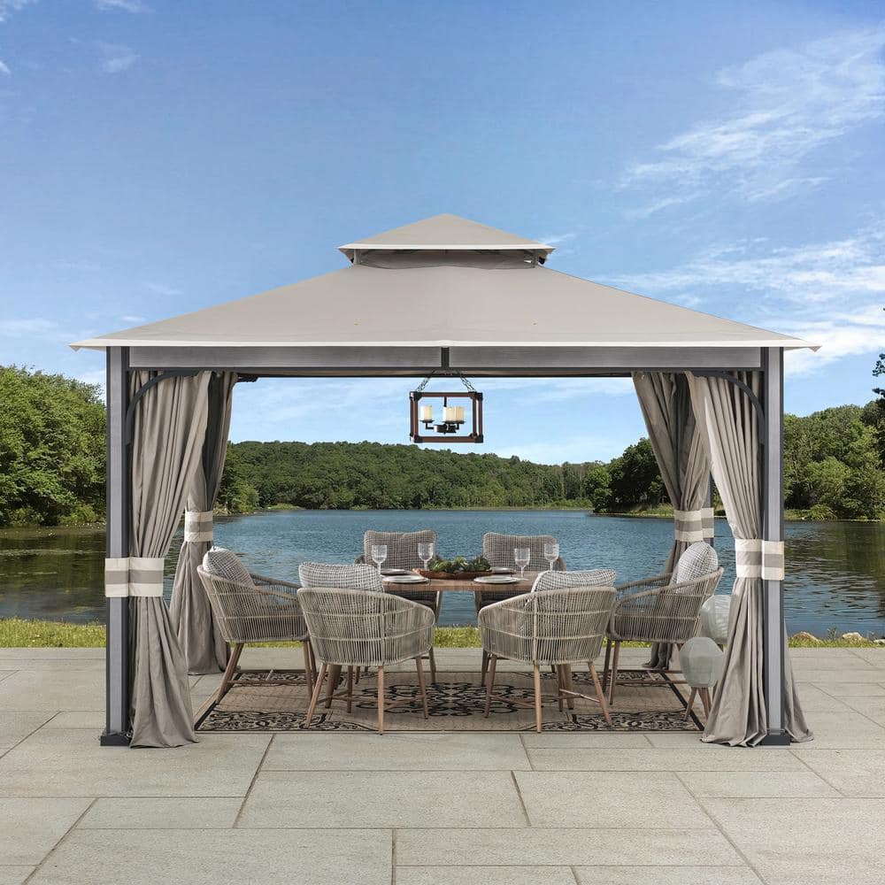 Light Gray 11 x 13 ft. Steel Frame 2-Tier Gazebo with Netting and Curtains
