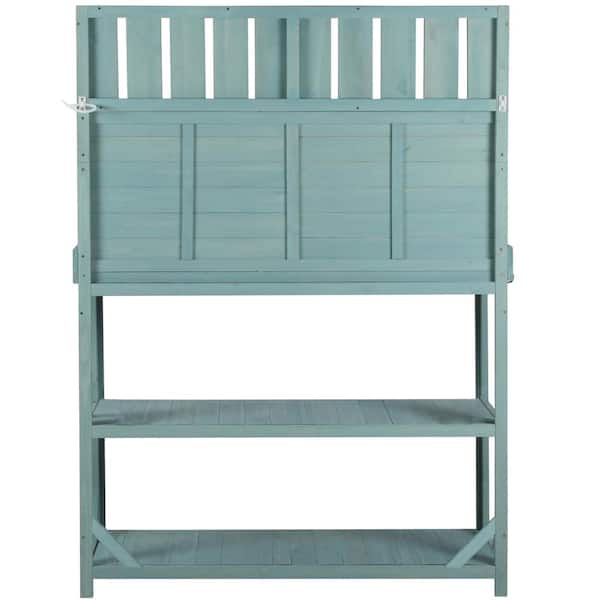 Unbranded 19.3 in. W x 65 in. H Green Wooden Farmhouse Rustic Outdoor Potting Bench Table with 4 Storage Shelves and Side Hook