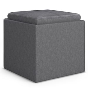 Rockwood 18 in. Wide Contemporary Square Cube Storage Ottoman with Tray in Slate Grey Linen Look Fabric