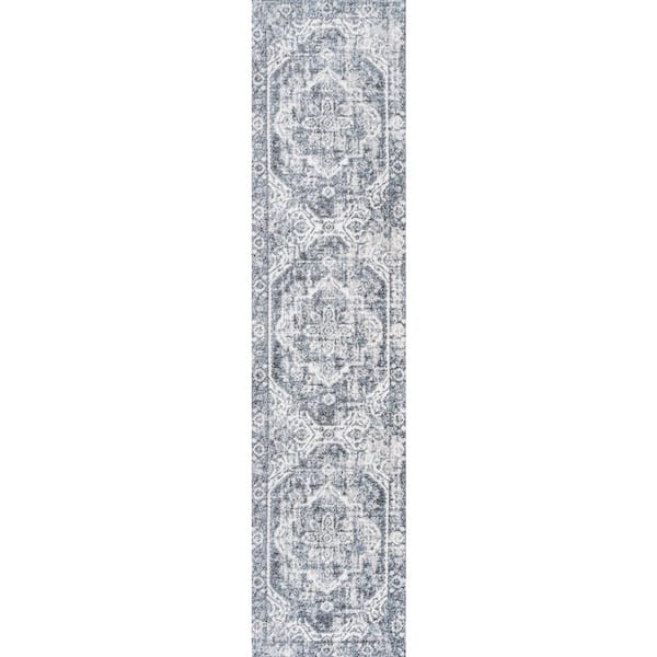 Cream/Blue 2 ft. x 8 ft. Keesha Bold Distressed Medallion Low-Pile Machine-Washable Runner Rug