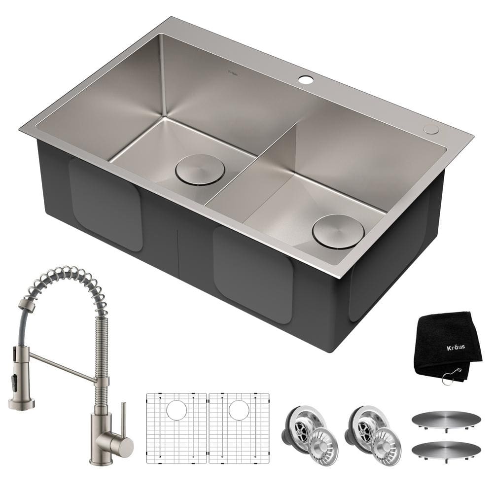 KRAUS 16- Gauge Stainless Steel 33 in. Standart Pro Double Bowl  Undermount/Drop-In 2-Hole Kitchen Sink with Pull Down Faucet  KHT302-33-1610SFS The Home Depot