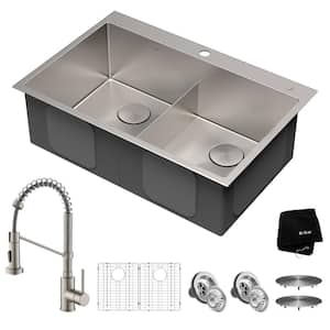 16- Gauge Stainless Steel 33 in. Standart Pro Double Bowl Undermount/Drop-In 2-Hole Kitchen Sink with Pull Down Faucet