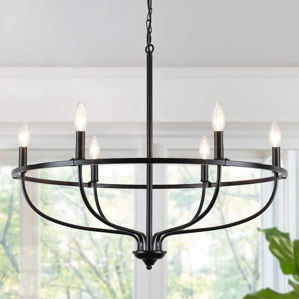 6-Light Black Traditional Circle Hanging Candlestick Linear Chandelier Lighting for Dining Room Kitchen Island