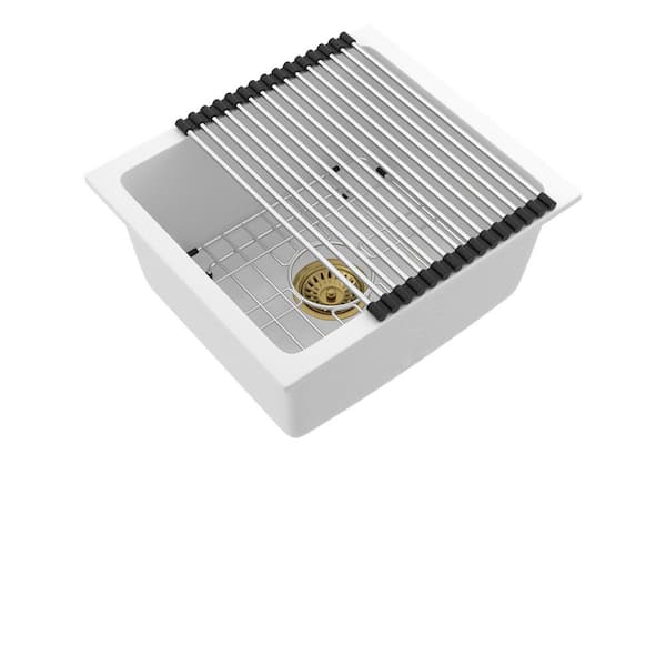 17.71 in. Undermount Single Bowl No Gauge White Quartz Kitchen Sink with Bottom Grids