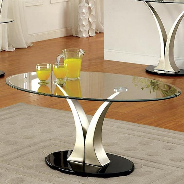 Furniture of America Fransua 48 in. Satin Plated and Black Oval Glass Coffee Table