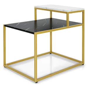 24 in. Gold Rectangle Wood 2-Tier End Table with Metal Frame and Storage Shelf for Living Room