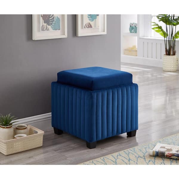 Zeus & Ruta 18 in. Wide Square End Table CubeStorage Ottoman Bench in Navy Blue with Coffee Tray for Living Room Bedroom