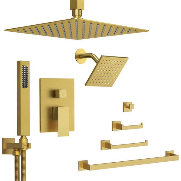 GRANDJOY ClassicRain 3-Spray 10 in. Dual Ceiling Mount Fixed and Handheld Shower Head 2.5 GPM with Towel Rack Set in Brushed Gold