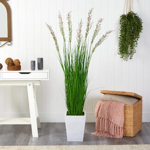 64 in. Wheat Grass Artificial Plant in White Metal Planter