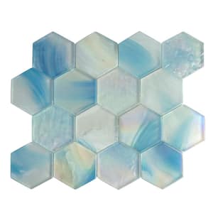 Aurora Blue 10.24 in. x 11.82 Hexagon Glossy Glass Mosaic Tile Sample