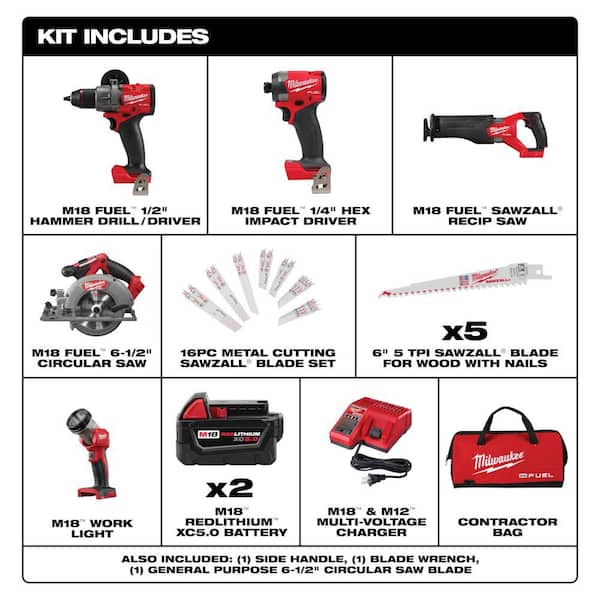 M18 FUEL 18V Lithium-Ion Cordless Combo Kit (5-Tool) w/ 2 5.0 Ah Batteries, Charger & SAWZALL Blades (21-Pack)