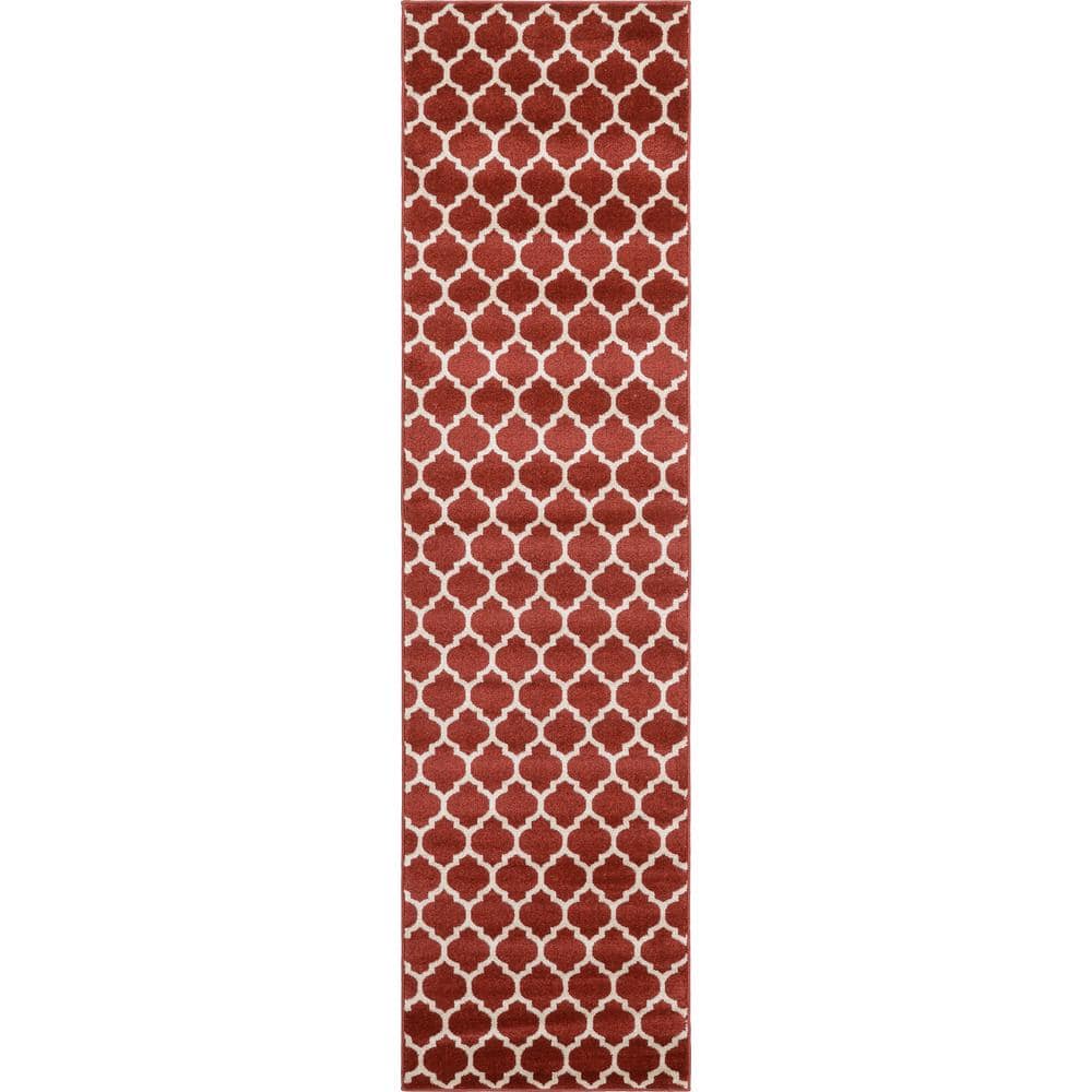 Red and Beige Synthetic Trellis Runner Rug