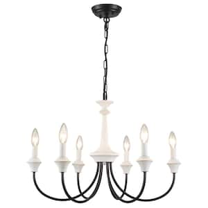 6-Light Black and Distressed White Linear Chandelier for Dining Room, French Country Candlestick Chandelier