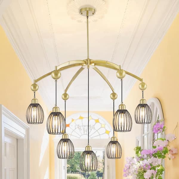 Magic Home Retro 7-light Vintage Wrought Iron Gold Creative Cage Ceiling Chandelier for Kitchen Island Dining Living Room Bedroom
