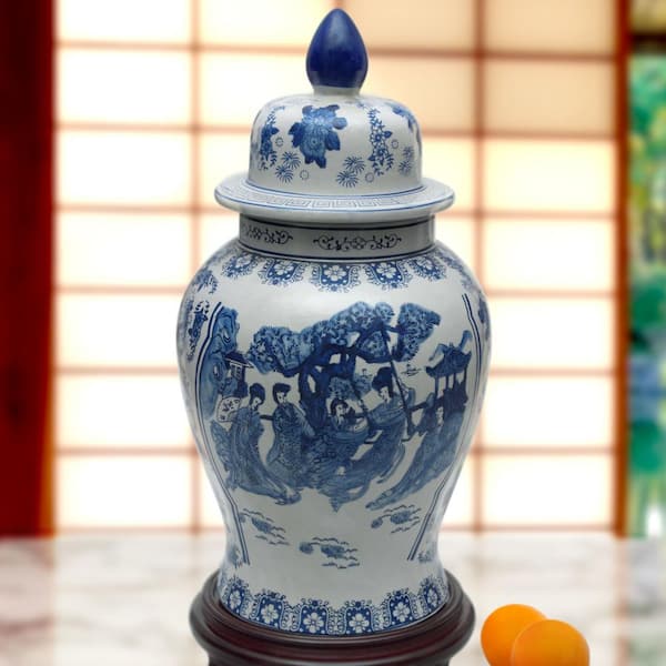 Unbranded 32 in. Oriental Furniture Ladies Blue and White Porcelain Temple Jar