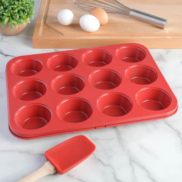 Nutrichef 1612 Cup Muffin Non-Stick Baking Pan, Deluxe Gray Carbon Steel Pan Red Silicone Handles