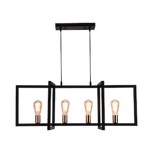 4-Light Vintage Farmhouse Black Metal Chandelier for Island Kitchen with Gold Lamp-Cup